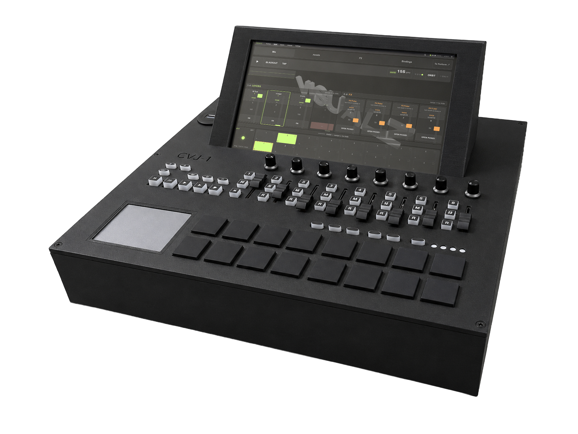 CVJ-1 VJ Deck — touchscreen with physical faders and rotary encoders